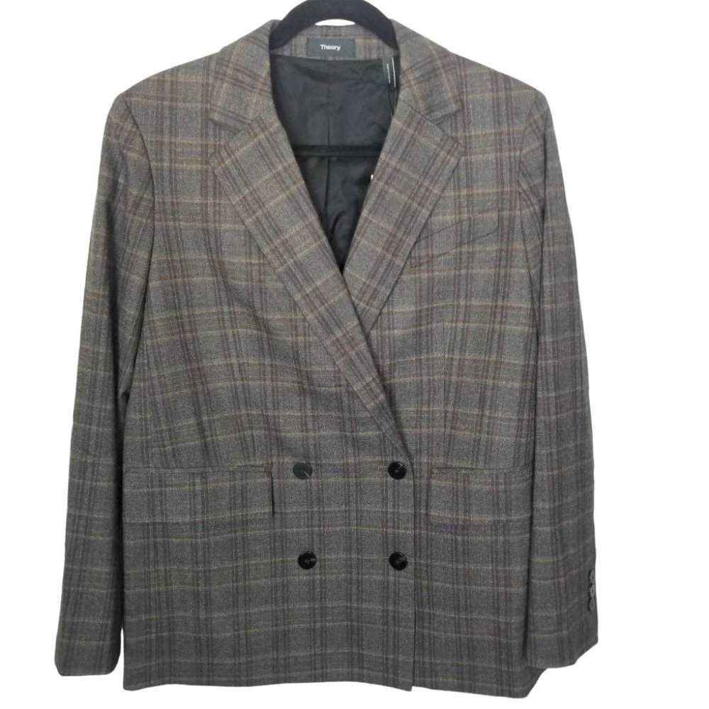 Theory Womens 6 Brown Griffin Plaid Double Breaste - Picture 2 of 11